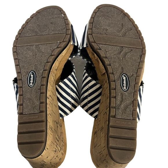 Dr. Scholl's Selma Wedge Sandals size 8.5 Navy/White Striped Fabric Cross Strap - Picture 6 of 7